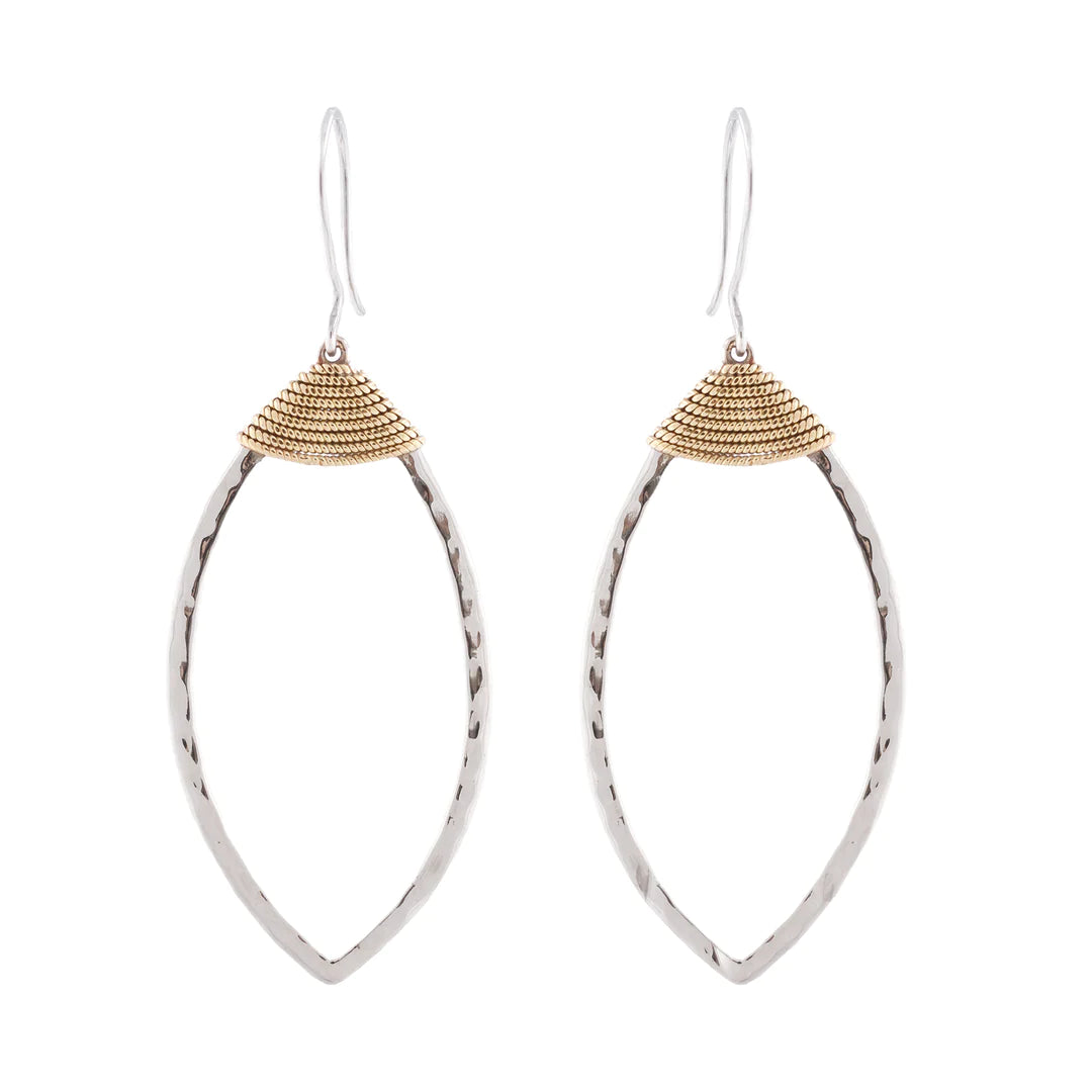 Ritual Pointed Hammered Oval Silver Earring W/Roped Brass Wire Wrap On Sterling Silver Ear Wire