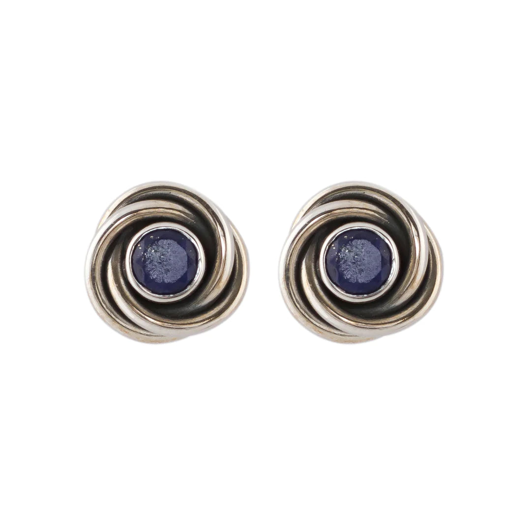Ritual Silver Swirl Post Earring W/Faceted Lapis Lazuli Gem Stones