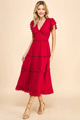 Pinch Ruffled Tea Length Dress Cranberry