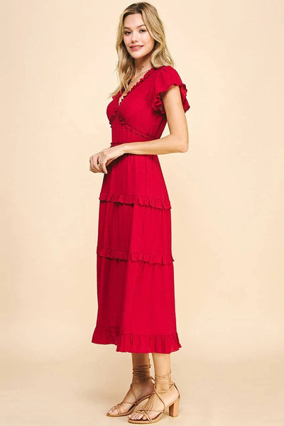 Pinch Ruffled Tea Length Dress Cranberry