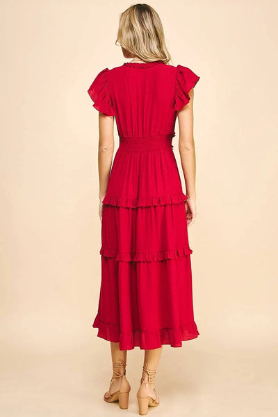 Pinch Ruffled Tea Length Dress Cranberry