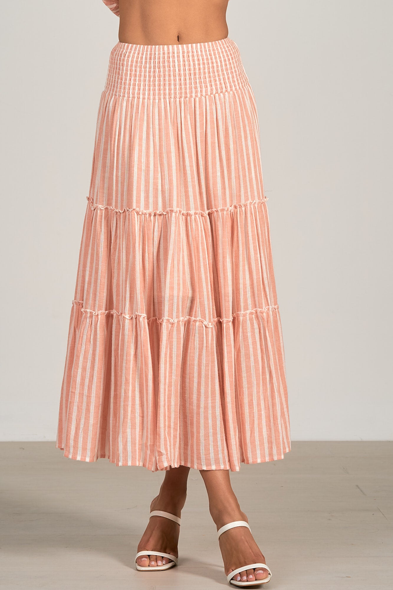 Elan Tiered Maxi Skirt Coral Stripe