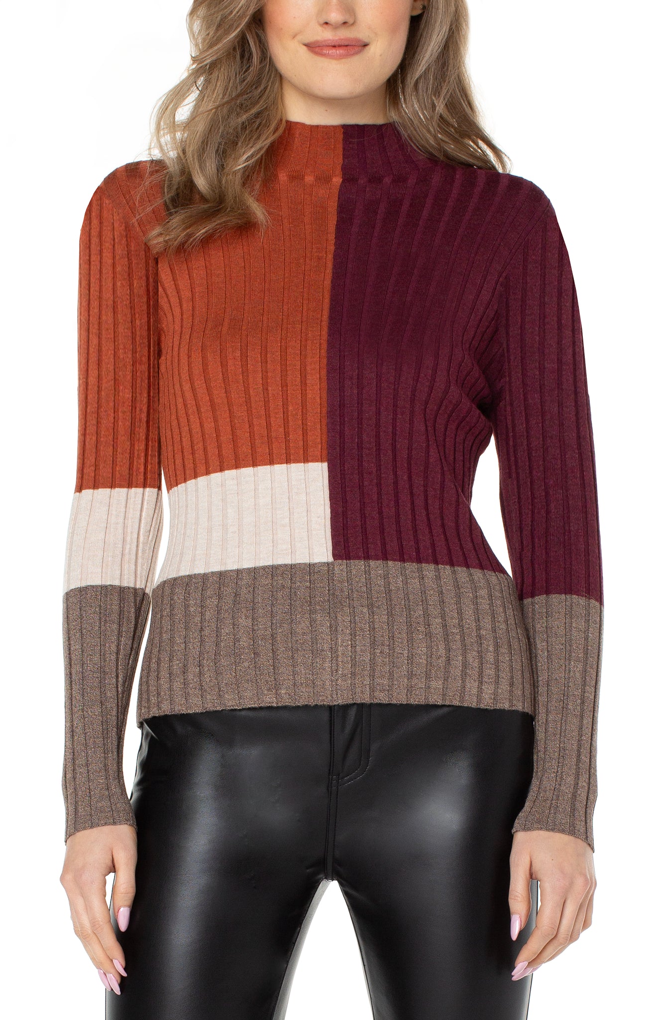 Liverpool Mock Neck Pullover Sweater W/Color Block Rust