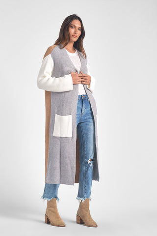 Elan Long Cardigan Sweater Grey Color Block