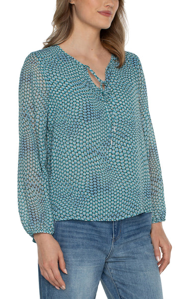 Liverpool L/S Tie Front Top W/Shirred Back Ocean Blue Dot