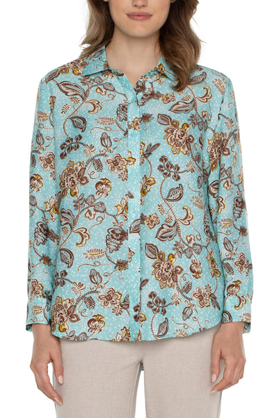Liverpool Button Up Woven Blouse Pastel Turquoise Floral