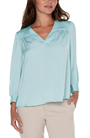 Liverpool V Neck Popover Woven Blouse Pastel Turquoise