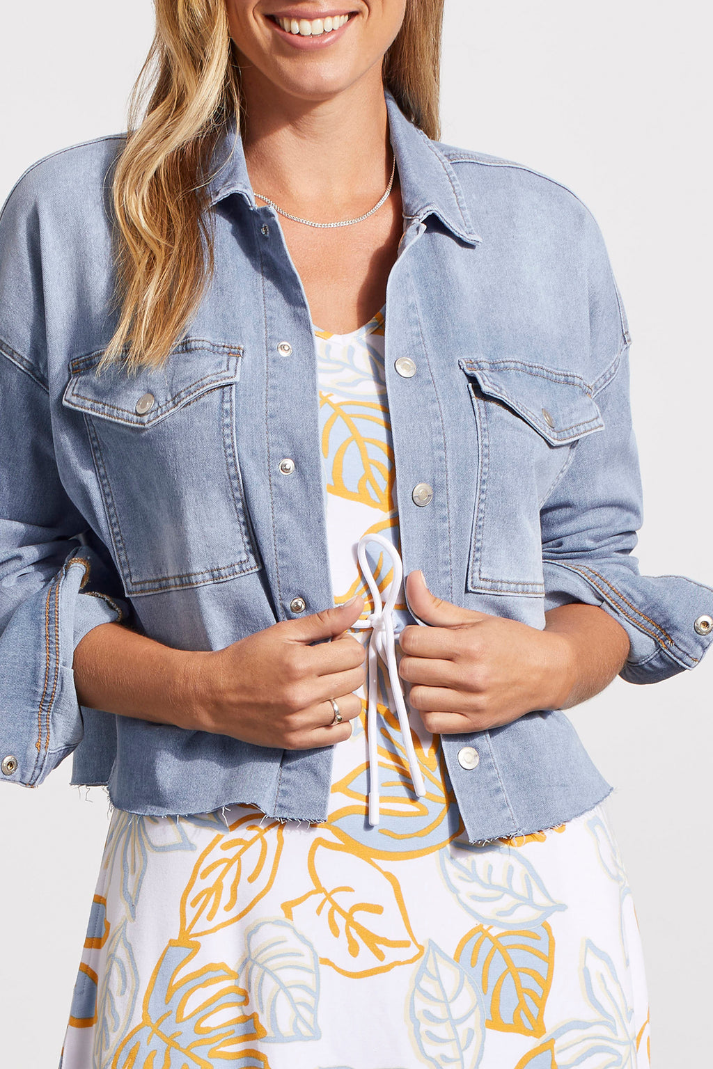 Tribal Crop Denim Shacket W/Patch Sky Blue