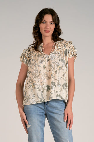 Elan S/S Ruffle Frill Top Cream Leaf Print