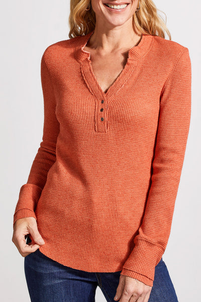 Tribal Henley Top W/Buttons H Burnt Orange