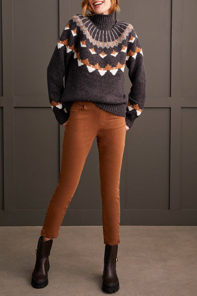 Tribal L/S Mock Neck Intarsia Sweater Walnut