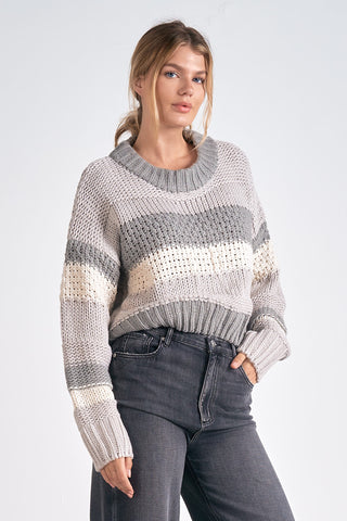 Elan Crew Neck Sweater Cropped Grey Stripe