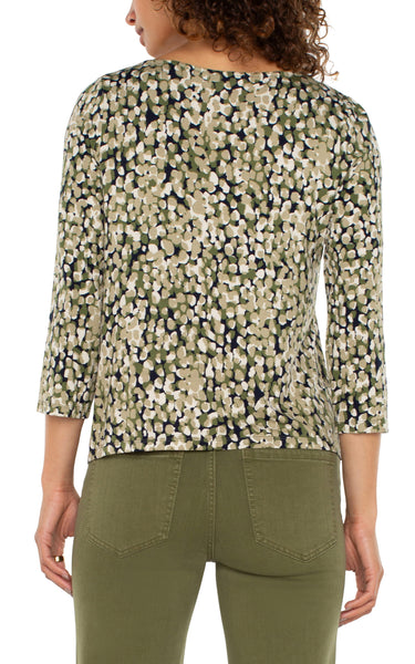 Liverpool 3/4 Sleeve Draped Neck Knit Top Olive Camo