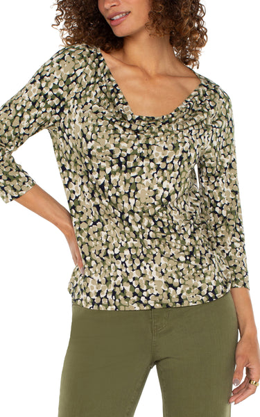 Liverpool 3/4 Sleeve Draped Neck Knit Top Olive Camo