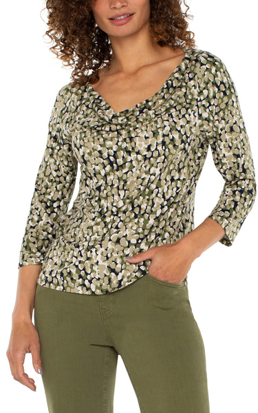 Liverpool 3/4 Sleeve Draped Neck Knit Top Olive Camo