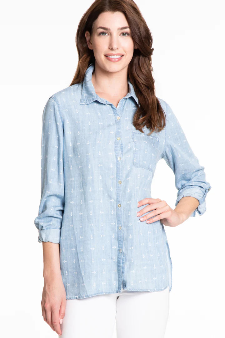 Multiples Roll Tab L/S Button Front Hi Lo Shirt Chambray Print