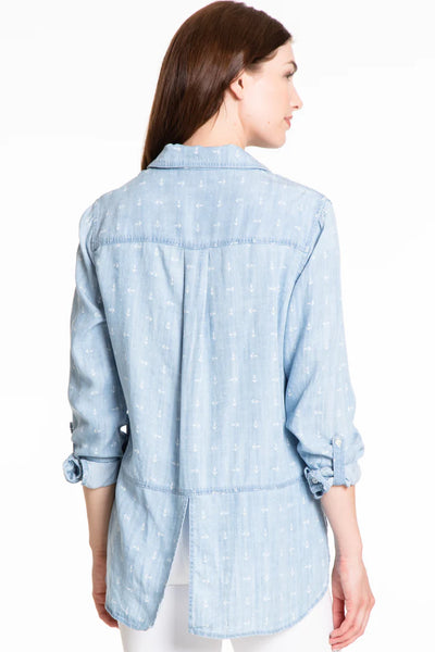 Multiples Roll Tab L/S Button Front Hi Lo Shirt Chambray Print