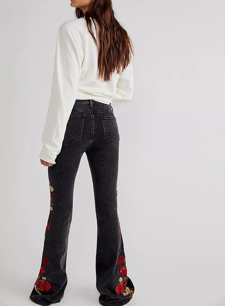 Driftwood Farrah Embroidered Flare Jeans Black