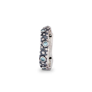Ritual Narrow Wavy Silver Ring W/Dots And Small Blue Topaz Gem Stones