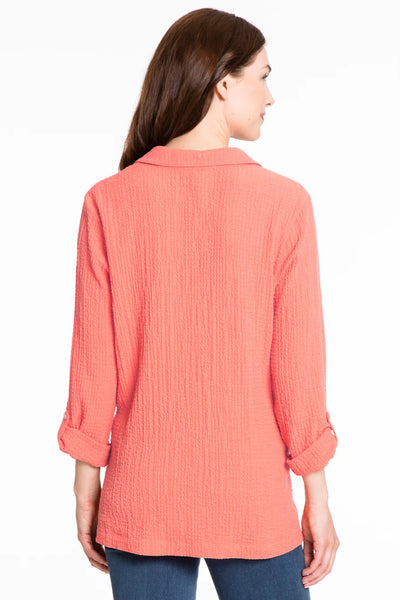 Multiples Solid Pucker Gauze Shirt, Coral