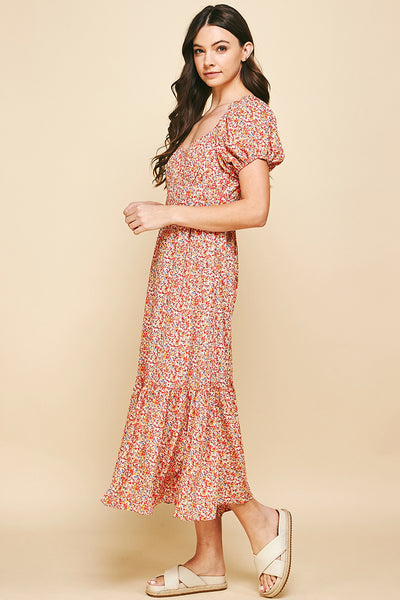 Pinch Floral Puff Sleeve Maxi, Red