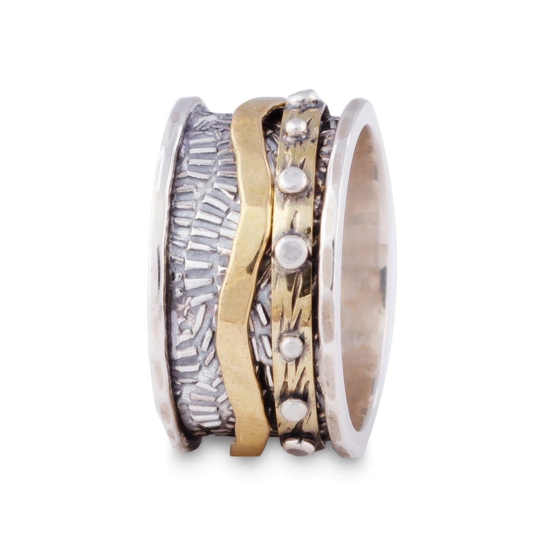 Ritual Embossed Fan Print Ring With Wavy Brass And Silver Spinning Rings