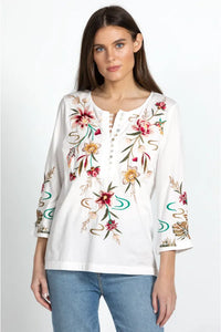 Johnny Was Maisie 3/4 Sleeve Button Front Tee White