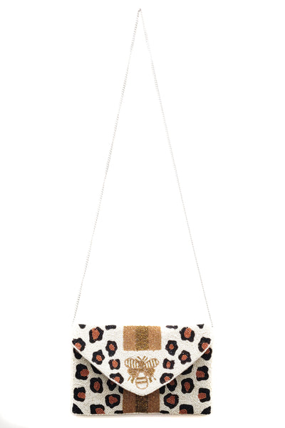 Aratta Queen Bee Hand Embellished Clutch Beige Leopard