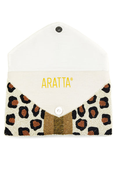 Aratta Queen Bee Hand Embellished Clutch Beige Leopard