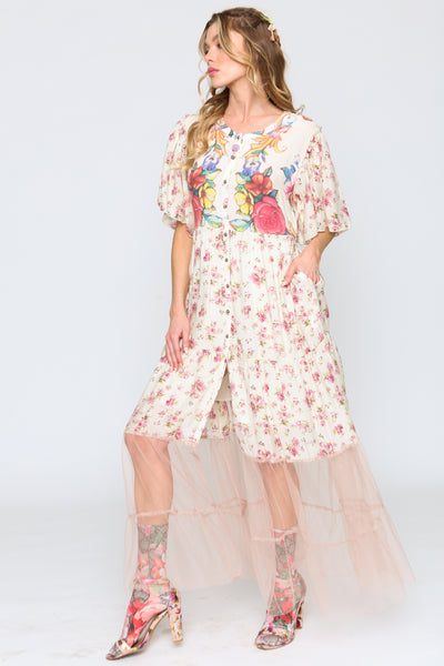 Aratta Angeles Kiss Maxi Dress Ivory/Pink Floral